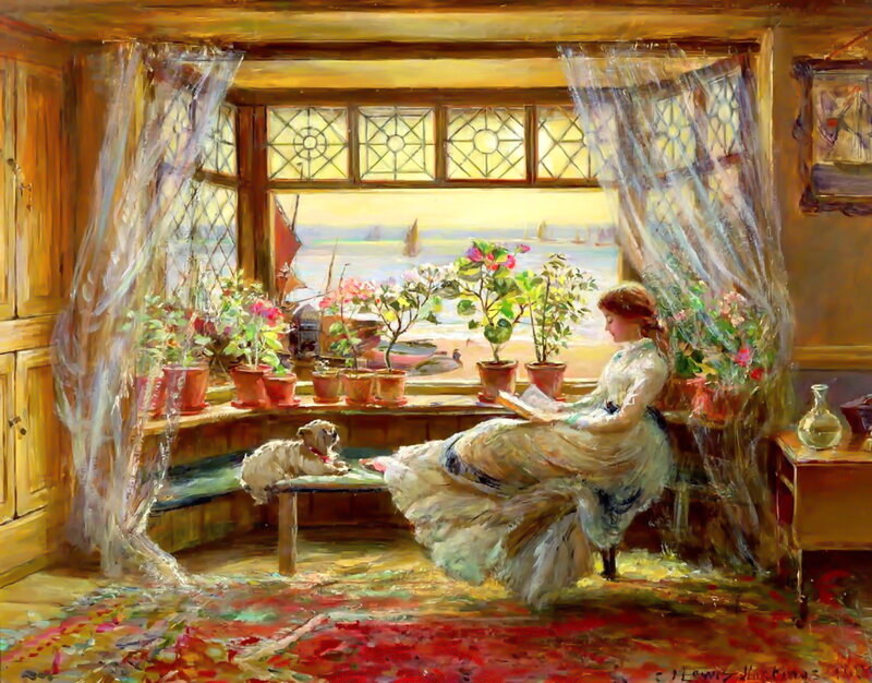 Woman Reading by Window — Yellow, Serene