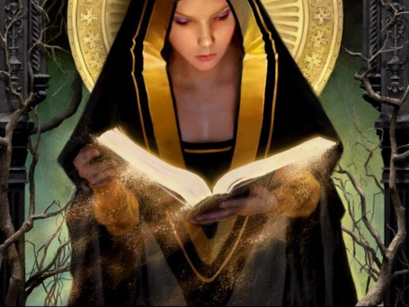 woman reading glowing book
