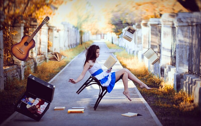 woman reading in a dreamlike scene