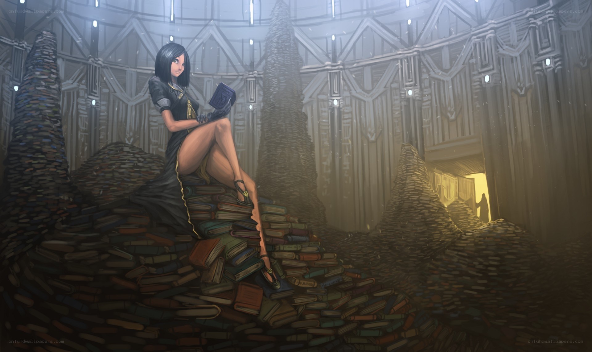 woman reading in a library