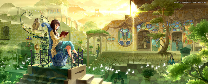woman reading in a magical garden