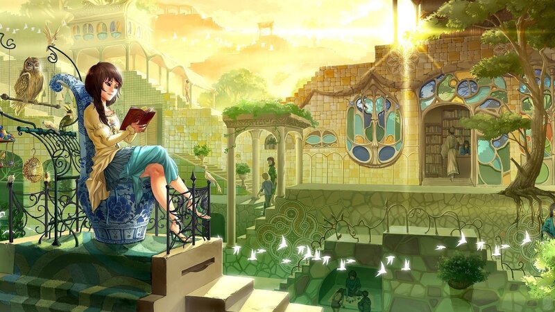 woman reading in a magical garden