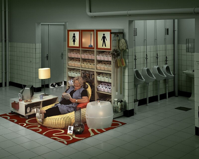 Woman reading in a restroom
