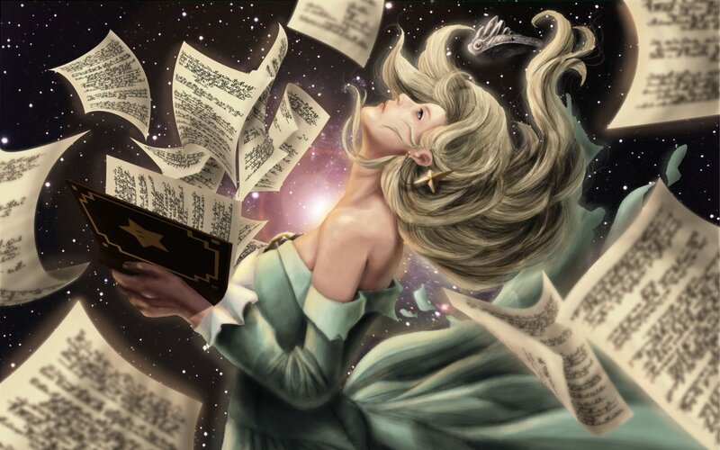 woman reading in a starry void
