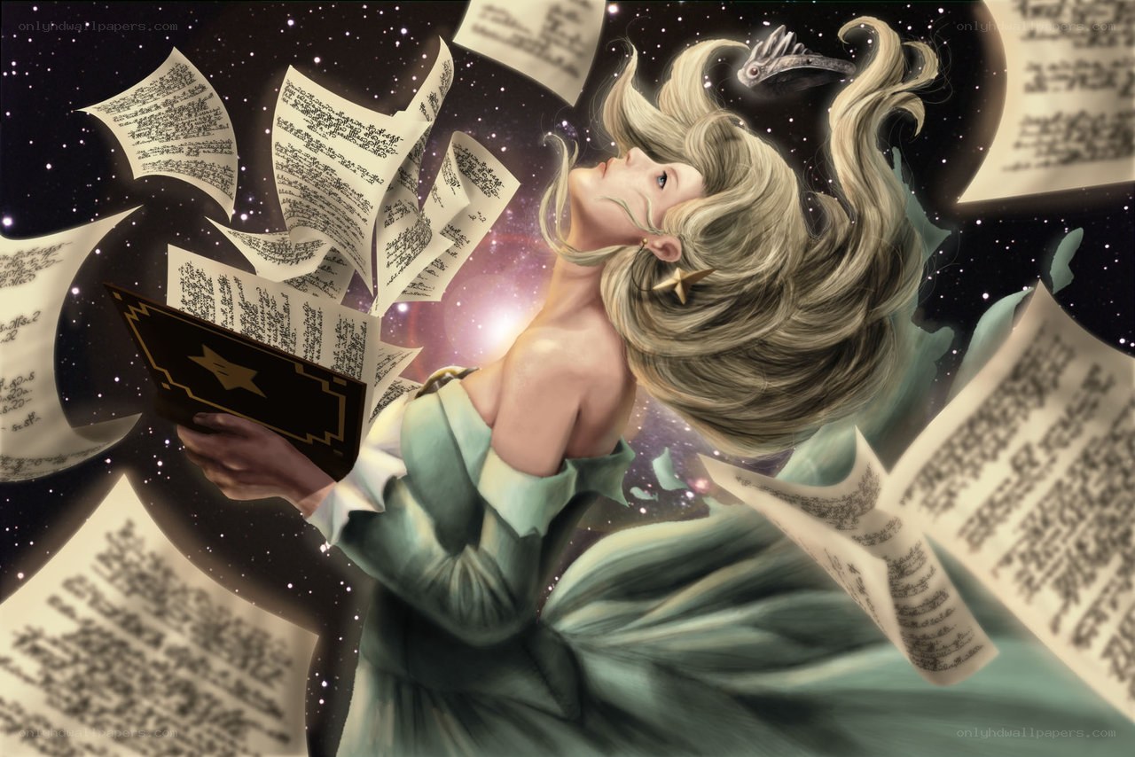 woman reading in a starry void