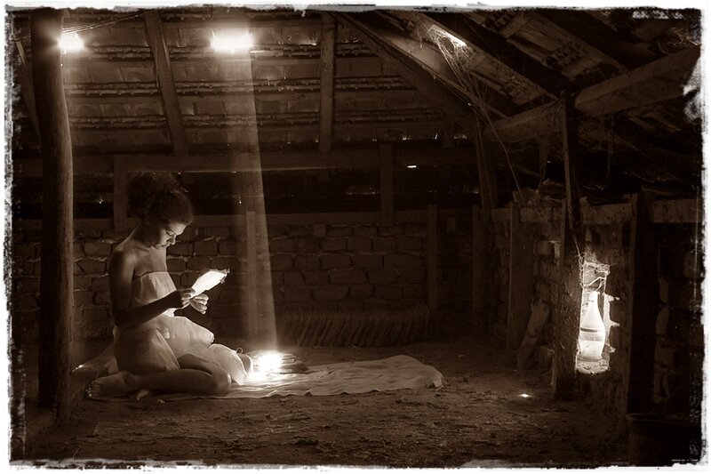 Woman Reading in Attic — Brown