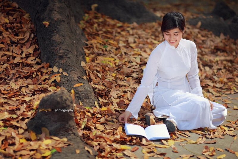 Woman reading in autumn leaves