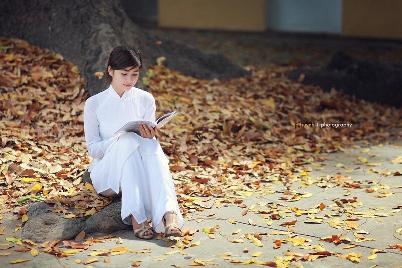 Woman reading in autumn leaves