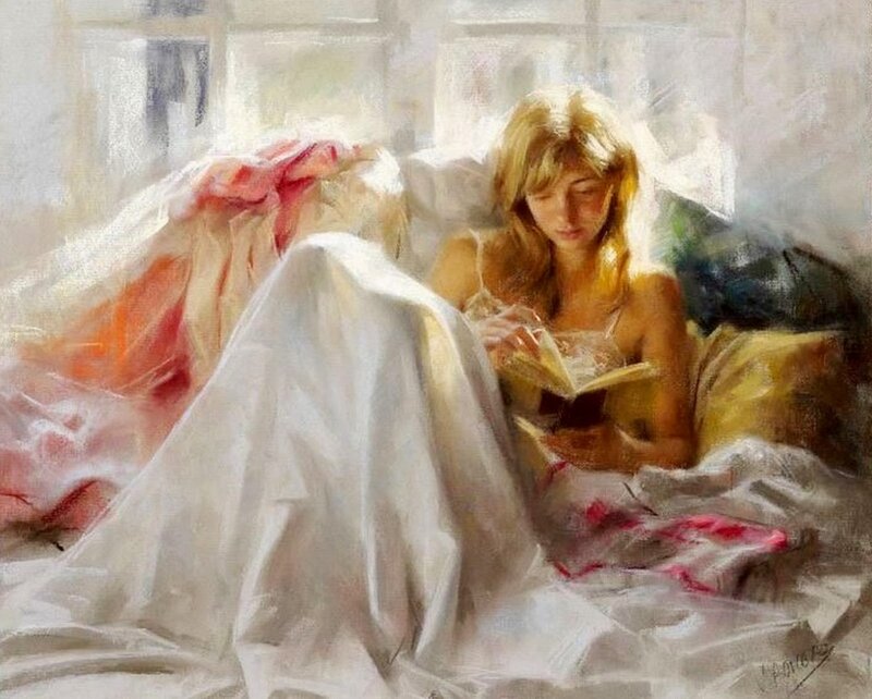 Woman Reading in Bed — White