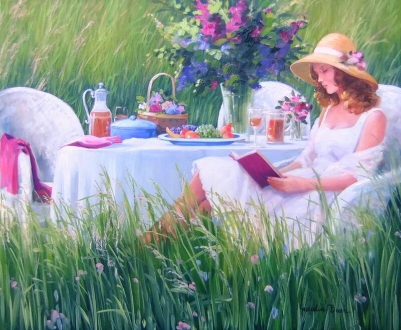 Woman Reading in Field — Green, Serene, Afternoon, Painting, Table