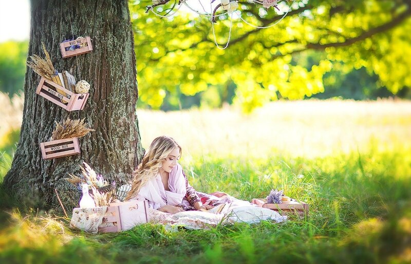 Woman Reading in Field — Green, Serene, Afternoon, Photograph, Tree
