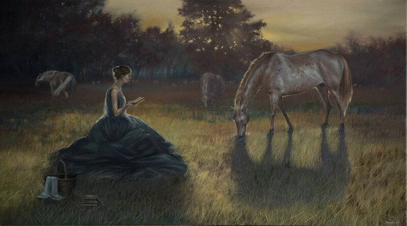 Woman Reading in Field — Green, Serene, Sunset, Painting