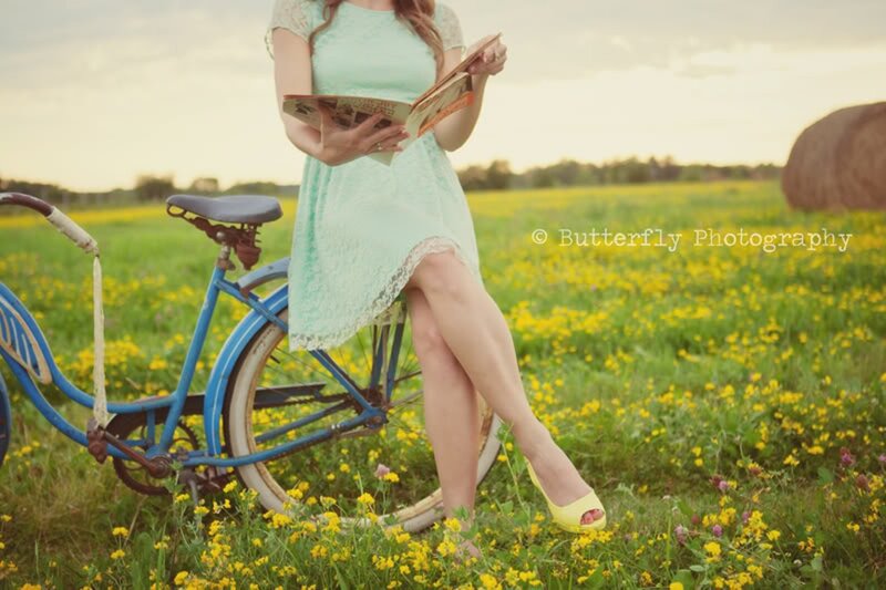 Woman Reading in Field — Green, Serene, Sunset