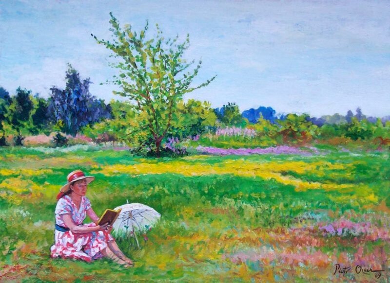 Woman Reading in Field — Green, Serene