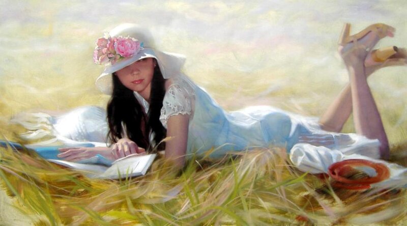 Woman Reading in Field — White