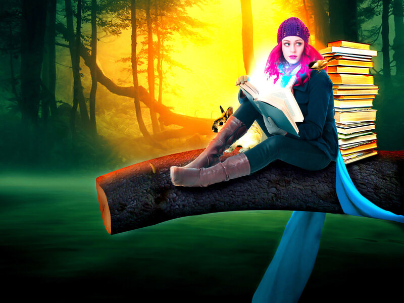 Woman Reading in Forest — Green, Magical