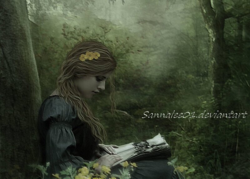 Woman Reading in Forest — Green, Serene, Morning, Digital Art