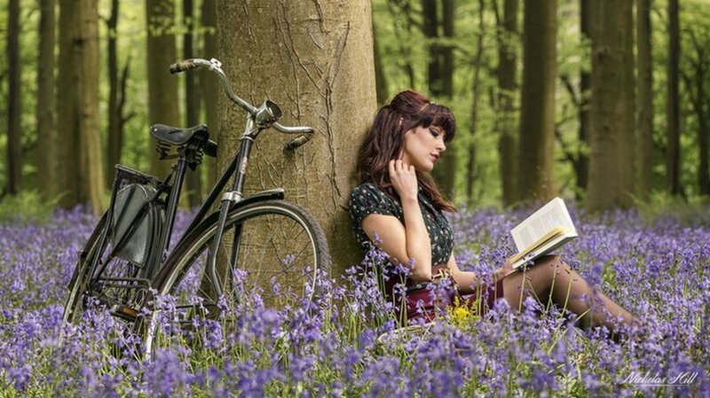 Woman Reading in Forest — Purple, Serene