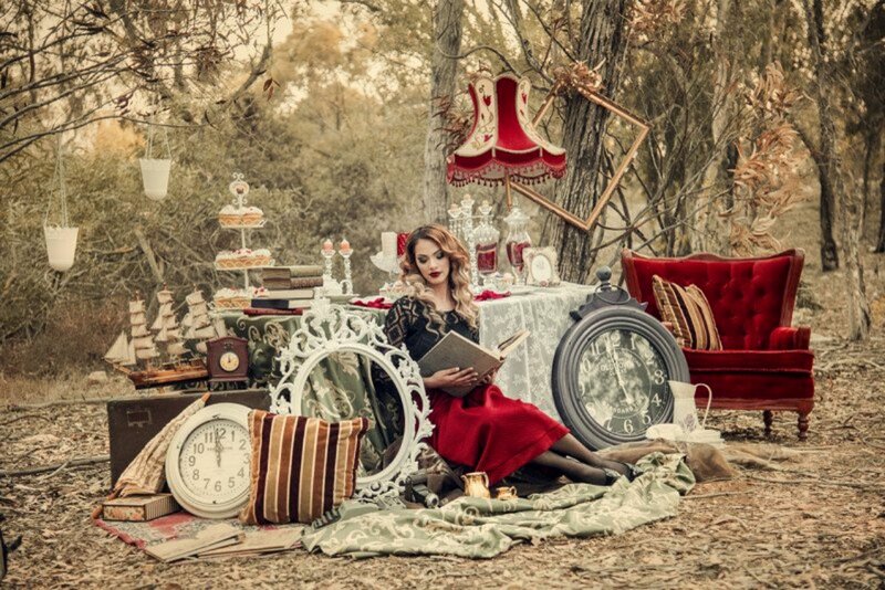 Woman Reading in Forest — Red