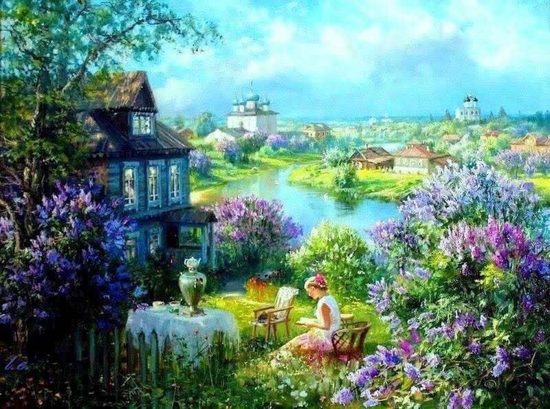 Woman Reading in Garden — Blue, Serene, Afternoon