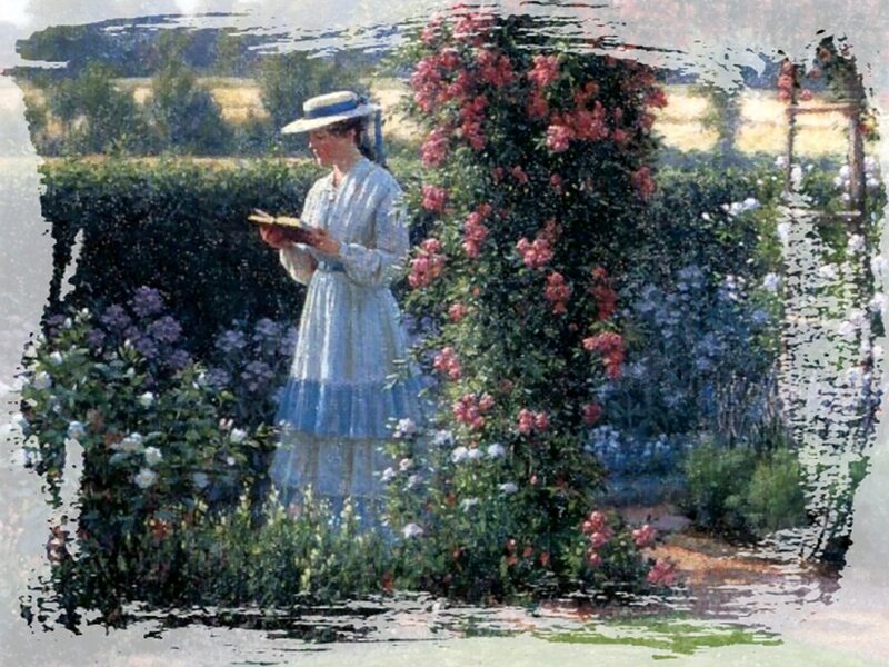 Woman Reading in Garden — Blue, Serene