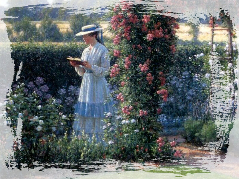 Woman Reading in Garden — Blue