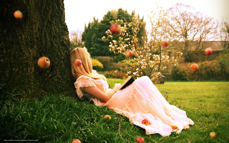 Woman Reading in Garden — Green, Serene, Afternoon, Photograph, Apples