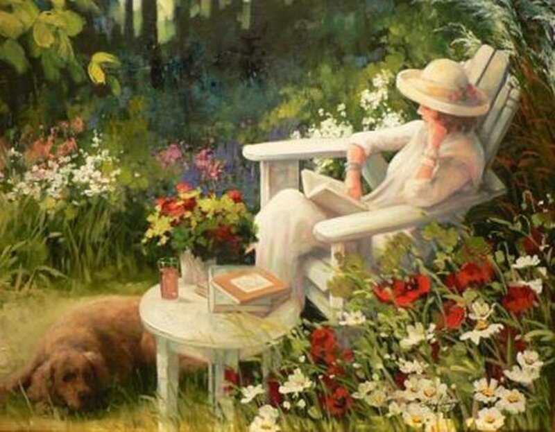 Woman Reading in Garden — Green, Serene, Afternoon