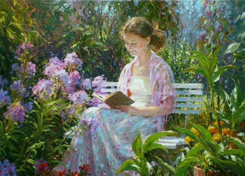 Woman Reading in Garden — Green
