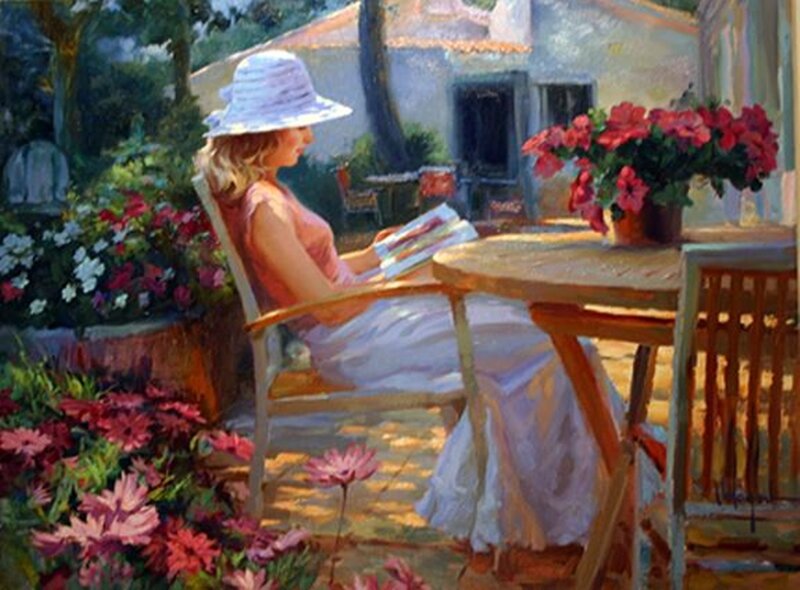 Woman Reading in Garden — Pink