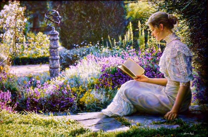 Woman Reading in Garden — Purple, Serene, Afternoon