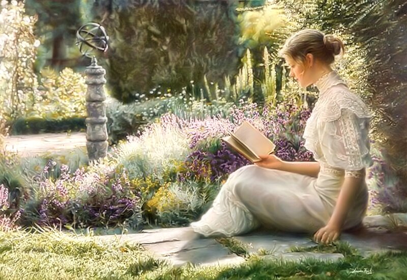 Woman Reading in Garden — White, Serene, Afternoon, Painting