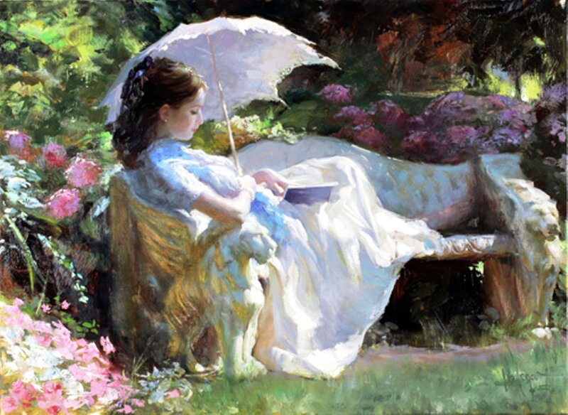 Woman Reading in Garden — White