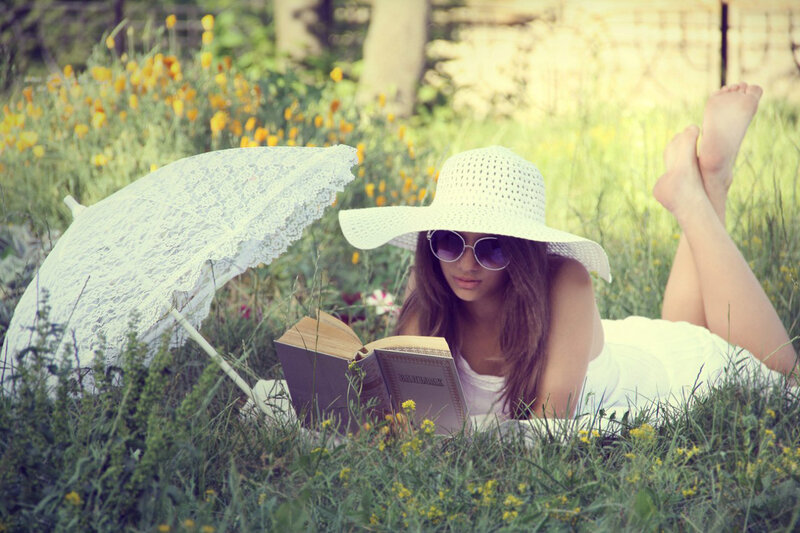 Woman Reading in Grass — Green, Relaxed