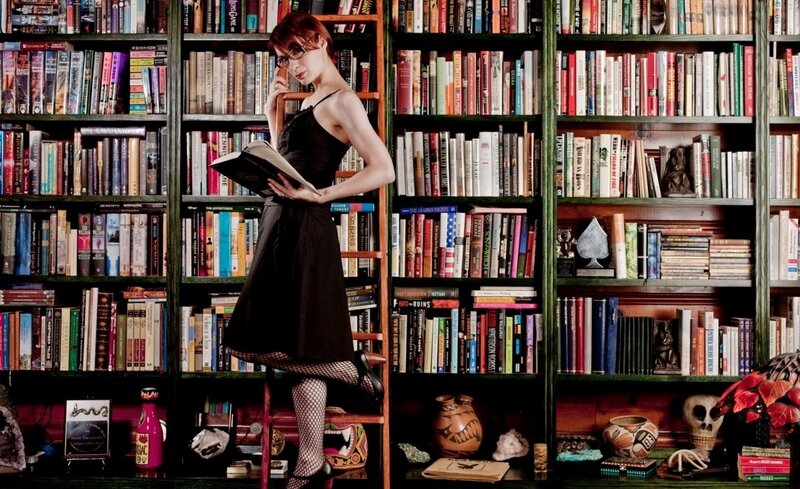 Woman Reading in Library — Black, Calm