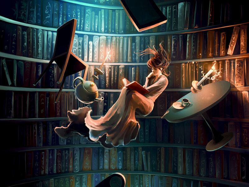 Woman Reading in Library — Blue