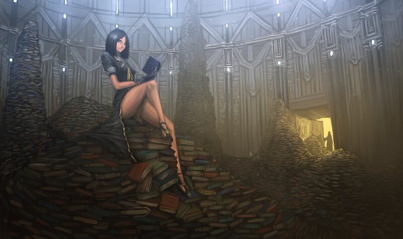 Woman Reading in Library — Brown, Dramatic