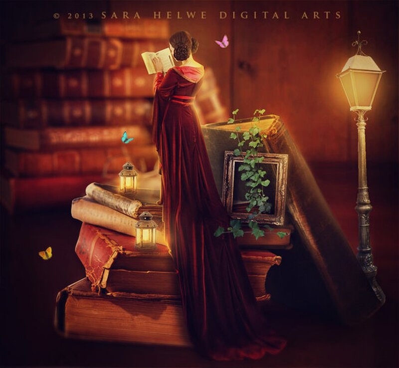 Woman Reading in Library — Red, Serene