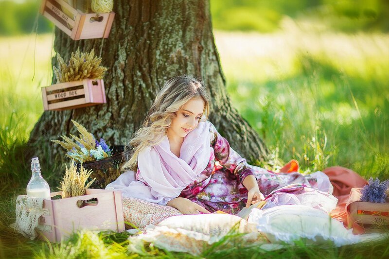 Woman Reading in Park — Green, Serene, Afternoon, Photograph