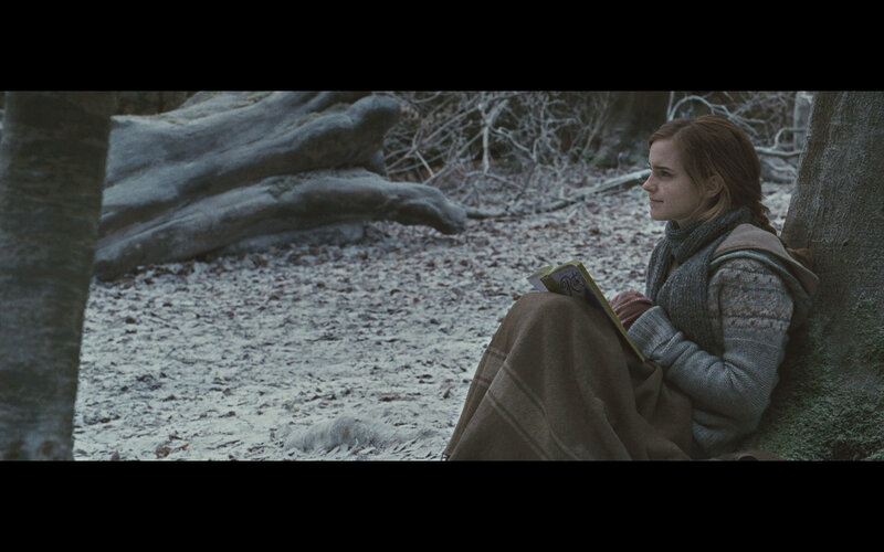 woman reading in snowy forest