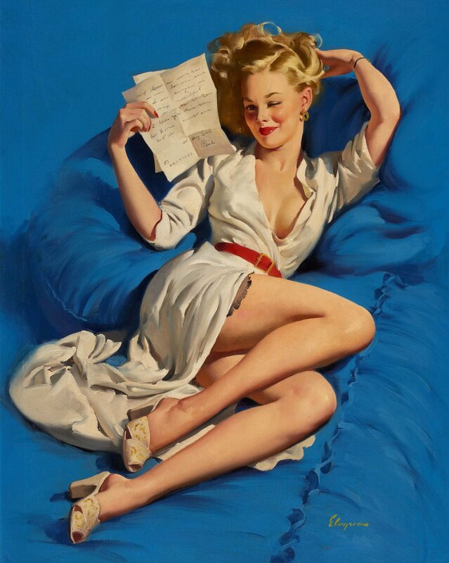 Woman reading letter on blue couch