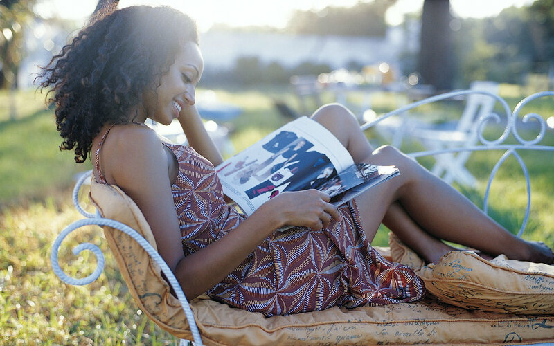 Woman Reading Magazine — Brown, Relaxed