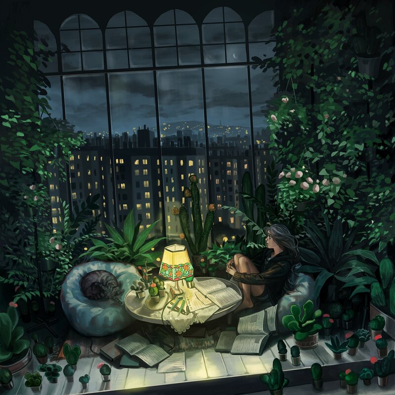 Woman Reading on Balcony — Green