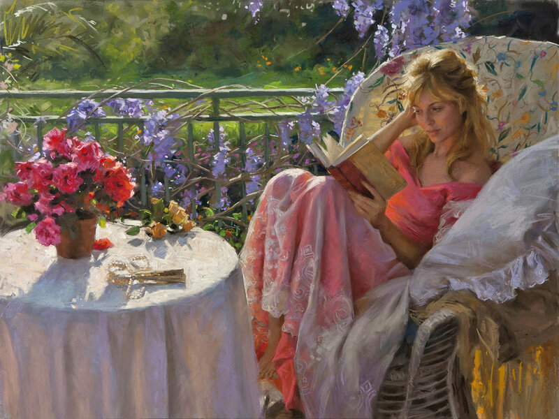 Woman Reading on Balcony — Pink, Serene, Afternoon, Painting
