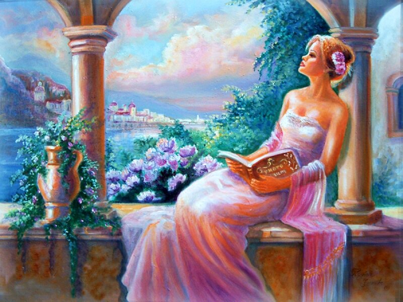 Woman Reading on Balcony — Pink, Serene, Sunset