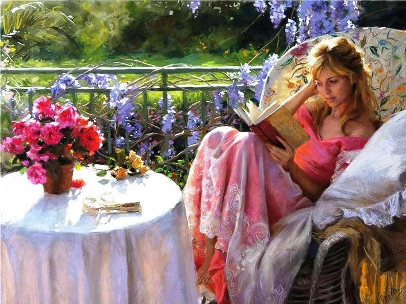 Woman Reading on Balcony — Pink, Serene