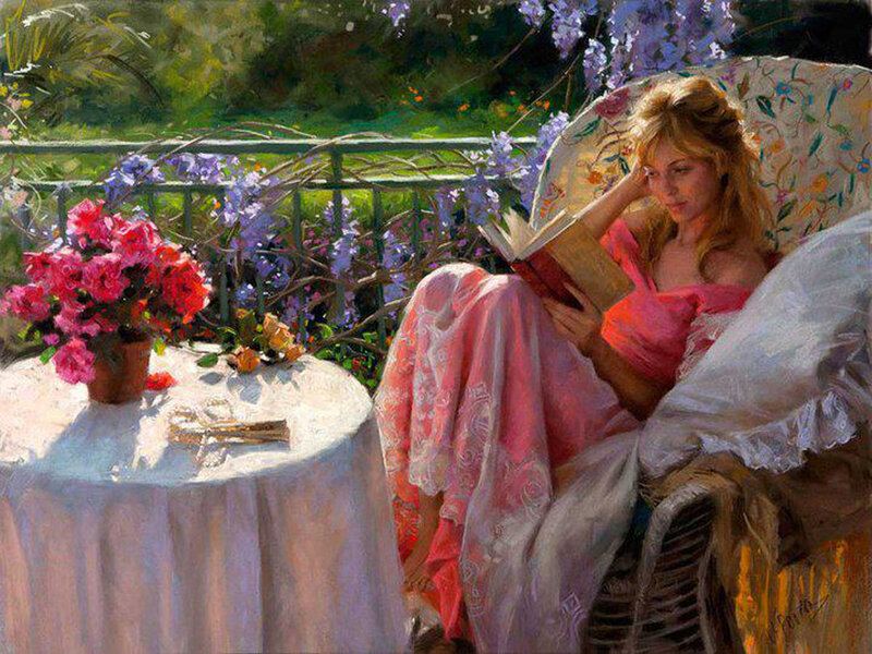 Woman Reading on Balcony — Pink