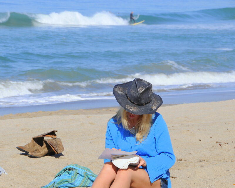 Woman Reading on Beach — Blue, Relaxed, Afternoon