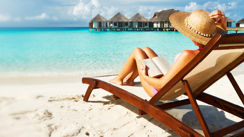 Woman Reading on Beach — Blue, Relaxed