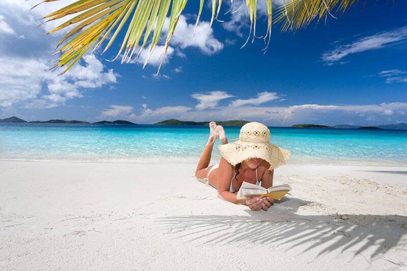 Woman Reading on Beach — Blue